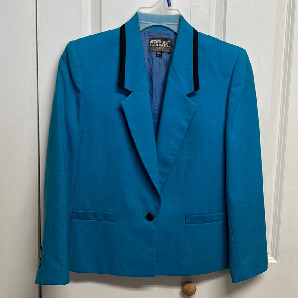 Vintage Stirling Cooper Turquoise Blue Black Trim Pocket Twill Blazer Size 10 11